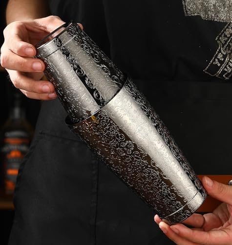 Stainless Steel Boston Shaker with Etched Pattern Weighted Shaking Tin Set (Spirit Gunmetal Black)