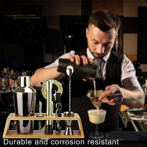 Arora 10Pcs Bartender Kit Bar Set, 24OZ Black & Gold Cocktail Shaker Set with Stainless Steel Bartending Accessories for Home & Bamboo Stand, Ideal Drinking Mixers Gift Set for Martini Margarita