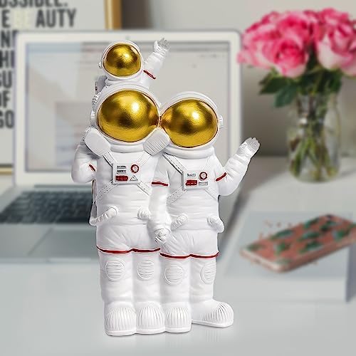 Astronaut Family of 3 Figurines Statues, White/Gold Parents and Child Resin Spaceman Sculpture Space Lovers Gifts for Space Themed Bedroom Bookshelf Desktop Home Office Decor