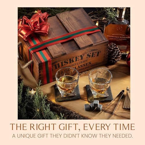 Mixology & Craft Premium Whiskey Set | Two 10oz Cystal Old-Fashioned Glasses, 8 Granite Chilling Stones, Metal Tongs, Recipe Cards in Rustic Wooden Crate Gift Set | Jameson Whiskey