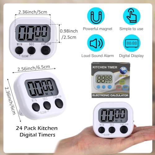 Leumoi 24 Pack Multi-Function Digital Timers with Magnetic Back, Large LCD Display, Loud Alarm, Count up & Countdown, Memory Function for Cooking, Classroom, Study, Exercise & Work(White and Black)
