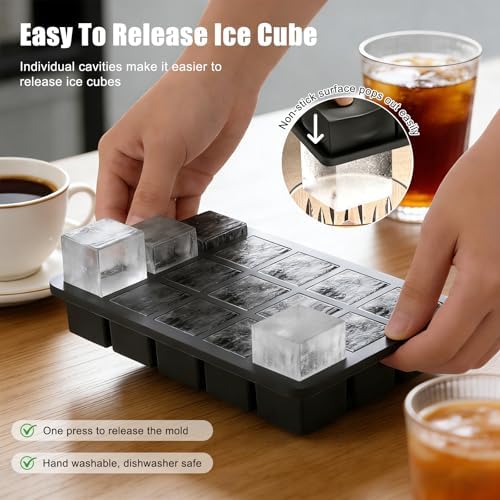 1.3" Small Square Silicone Ice Cube Tray for Freezer, 15 Cavity Big Old Fashioned Ice Cube Mold for Whiskey,Craft Ice Cube Molds with Lid for Chilled Drinks, Cocktails, Whiskey,Bourbon-2 Pack