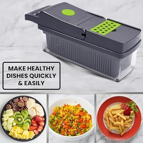 Vegetable Chopper 16 in 1- Multifunctional Food Chopper with 7 Blades- Mandoline Slicer, Dicer, Cutter, Peeler & Grater for Onion, Potato, Salad, Carrot, Garlic with Drain Basket & Container