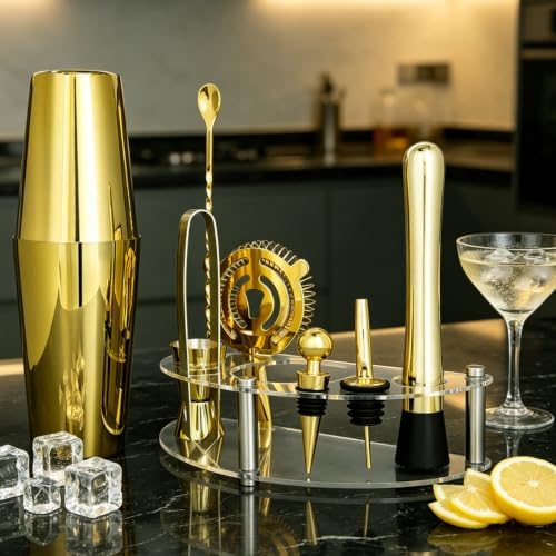 9-Piece Cocktail Shaker with Stand, 25oz Bartender Kit, Cocktail Shaker with Strainer Set, Boston Shaker Set, Bar Set Jigger for Bartending Drink Mixer Set, Cocktail Set Recipes (Gold-25/20oz)