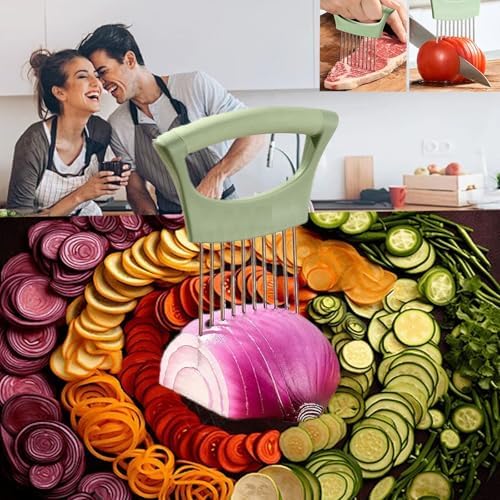 Upgraded Stainless Steel Lemon Slicer Onion Cutter, Onion Holder for Slicing, Vegetable Cutter Kitchen Chopper Slicing Assistant Tool for Potato and Tomato Avocados Eggs Meat (1, Green)