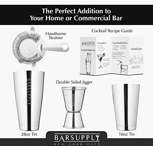 Professional Boston Cocktail Shaker Set | 4-Piece Bar Set | Stainless Steel 304 | 28oz/18oz Weighted Shaker Tins | Hawthorne Strainer | Double Sided Jigger | Recipe Booklet | Bartender Kit (Silver)