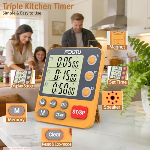 Digital Dual Triple Kitchen Timer, Orange