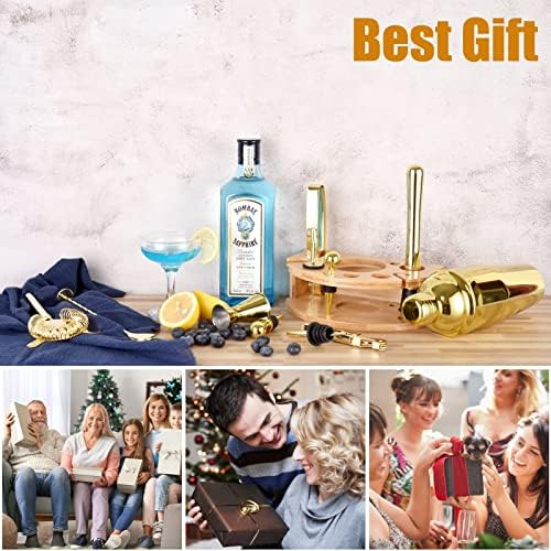 Bartender Kit with Stylish Bamboo Stand, 12 Piece 25oz Cocktail Shaker Set for Mixed Drink, Professional Stainless Steel Bar Tool Set, Gift for Man Dad- Cocktail Recipes Booklet (Gold)