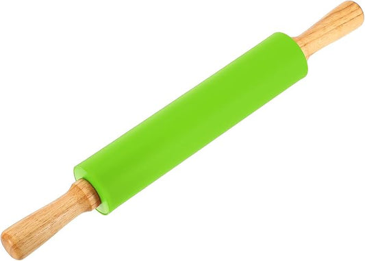 uxcell 9.6 Inch Silicone Rolling Pin, Small Dough Roller with Wood Handle for Pizza Pastry Fondant Kitchen, Green