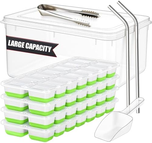 56pcs Ice Cube Tray with Lid and Bin – Stackable 4 Trays Plastic Silicone Freezer Mold, Large Ice Bucket with Scoop, Tong & 2 SS Straws – Easy Release Ice Maker for Cocktail, Coffee, RV, Whiskey