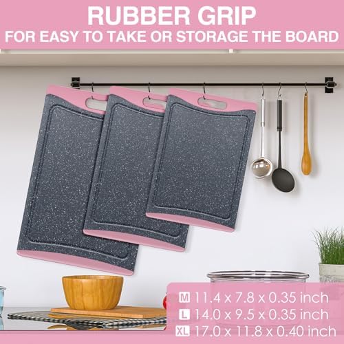 Extra Large Cutting Boards, Plastic Cutting Boards for Kitchen (Set of 3) Cutting Board Set Dishwasher Chopping Board with Juice Grooves Easy-Grip Handles, Pink, Empune