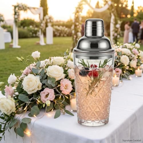 Elegant Glass Cocktail Shaker Set - Herringbone Design, 15oz Capacity, Leakproof Stainless Steel Top - Perfect for Bartending Enthusiasts