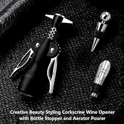 Beauty Inspired Corkscrew Wine Opener Set with Bottle Stopper and Aerator Pourer Dual Wing Design