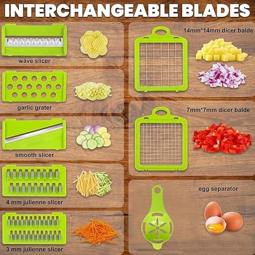 Vegetable Chopper 16 in 1- Multifunctional Food Chopper with 7 Blades- Mandoline Slicer, Dicer, Cutter, Peeler & Grater for Onion, Potato, Salad, Carrot, Garlic with Drain Basket & Container