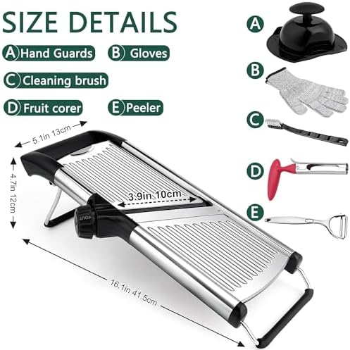 Adjustable Mandoline Food Slicer, Mandoline Slicer for Kitchen, Mandolin, Potato, Tomato, Carrot, Onion Cutter and Fruit - Stainless Steel - 6-Piece Fruit & Vegetable Cutting Set (Silver)