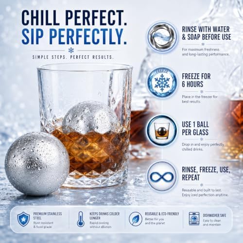 G&J's Finest 2-Pack XXL 55mm Stainless Steel Whiskey Chilling Balls with Freezer Tray – Bold Flavor, Zero Dilution (Not Solid Steel)