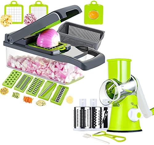 Ourokhome Rotary Cheese Grater with 3 Stainless Steel Drum Blades and 12 in 1 Professional Mandolin Slicer for Kitchen with 1.7 L Vegetable Container