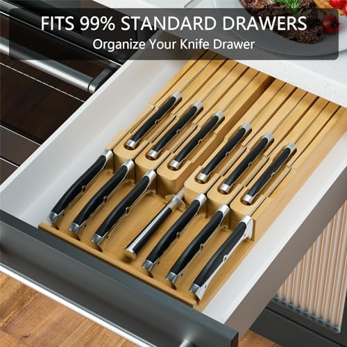 Domax Bamboo In-Drawer Knife Block - Kitchen Drawer Organizer Insert, Steak Knife Holder without Knives, Fits 12 Knives and 1 Sharpening Steel (Not Included), Natural