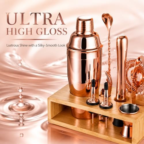 Rose Gold Cocktail Shaker Set, Premium 18/8 Stainless Steel Mixology Bartender Kit with Stylish Bamboo Stand 10-Piece Bar Tools & Accessories for Home Decor - Gift for Women, Mom, Wedding
