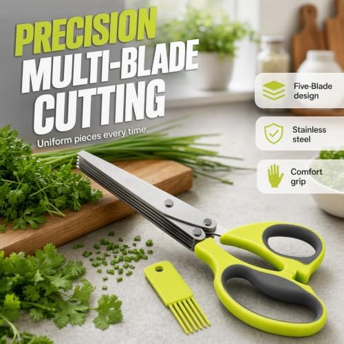 Multipurpose 5 Blade Herb Scissors,2026 Kitchen Herb Shears Herb Cutter with Cover and Cleaning Comb for Chopping Basil Chive Parsley，Green-1pc