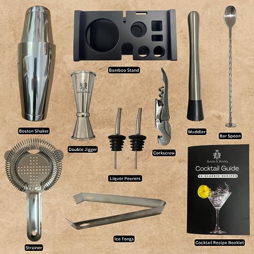 Hawke & Hanley Premium Boston Cocktail Shaker Set Bartender Kit - 12 Piece Mixology Bar Set with Weighted Boston Shaker, Bar Tools and a Black Bamboo Stand | Housewarming Gift Ideas