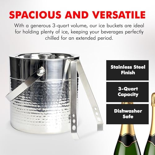 Chef Craft Hammered Ice Bucket with Tongs, Elegant Rust-Resistant Stainless Steel Ice Bucket, 3-Quart Ice Bucket Ice Buckets for Parties, Large Ice Bucket for Indoor or Outdoor Use