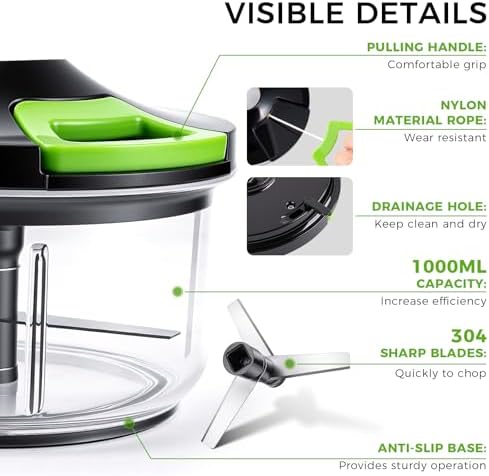 800ML Onion Chopper, Large Hand Pull String Vegetable Food Chopper, Black