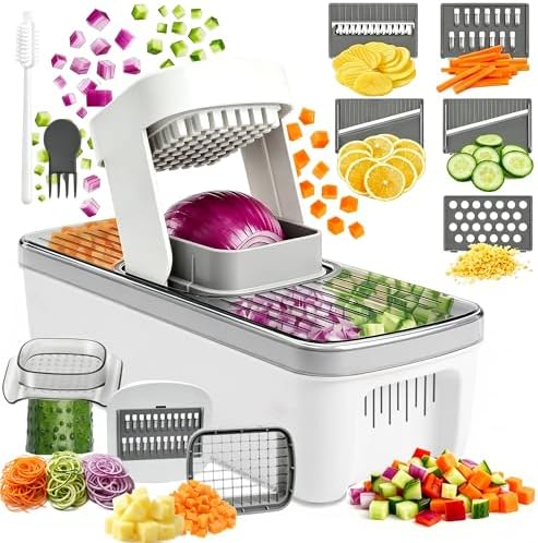 7-in-1 Vegetable Chopper – Mandoline Slicer Dicer with Container, Easy Tap Chop Food Cutter, 7 Interchangeable Blades for Onion Potato Cucumber, Kitchen Essentials Gift
