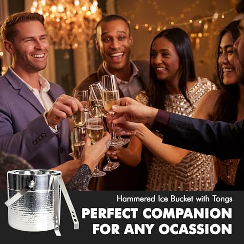 Chef Craft Hammered Ice Bucket with Tongs, Elegant Rust-Resistant Stainless Steel Ice Bucket, 3-Quart Ice Bucket Ice Buckets for Parties, Large Ice Bucket for Indoor or Outdoor Use