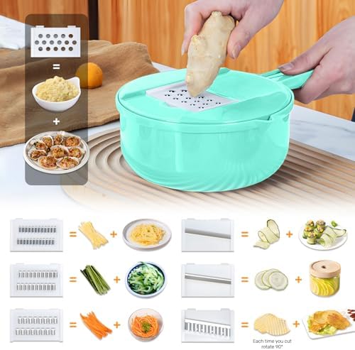 Multifunction mandoline slicer;vegetable chopper;vegetable slicer;food slicer;food chopper;chopper container;onion chopper;mandoline food slicer;vegetable cutter;chopping artifact (green, 9 in 1)
