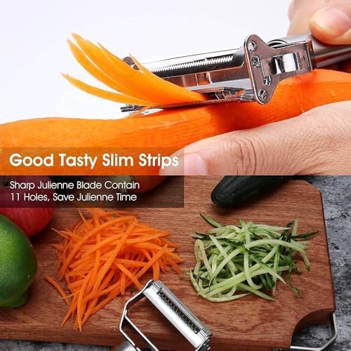 2 in 1 Peeler Julienne for Salad, Potato Peeler, Vegetable Slicer, Multi-Functional, Fruit Slicer, Adjustable Veggie Shredder, Kitchen Noodle Cutter, Stainless Steel (1)