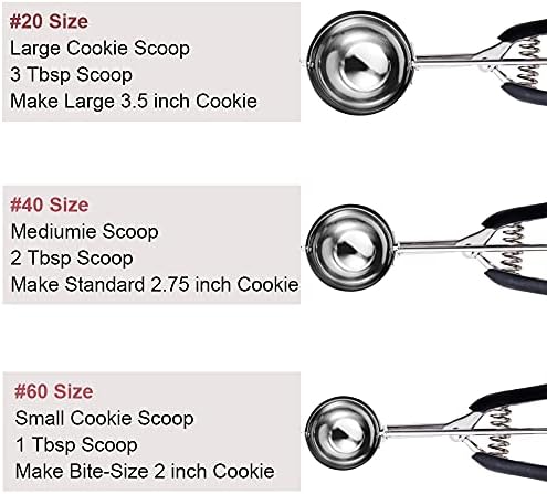 Cookie Scoop set, Size #60/ #40/ #20 Size Cookie Dough Scoop, 3 Pack Cookie Scoops for Baking, Non-slik Grip, Black, 18/8 Stainless Steel