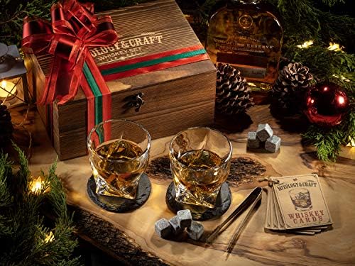 Mixology Whiskey Stones Gift Set for Men - Pack of 2, 10 oz Whiskey Glasses w/ 8 Granite Chilling Rocks, 2 Coasters, Metal Tong & Cocktail Cards in Wooden Box - Twist