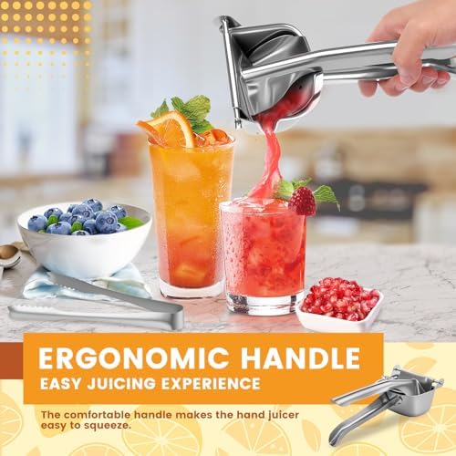 Orange Juice Squeezer Stainless Steel Manual Juicer Press, Citrus Press Juice Squeezer Handheld Lemon Press with 100 Strainer Bags and Food Clip Hand Press Citrus Juicer