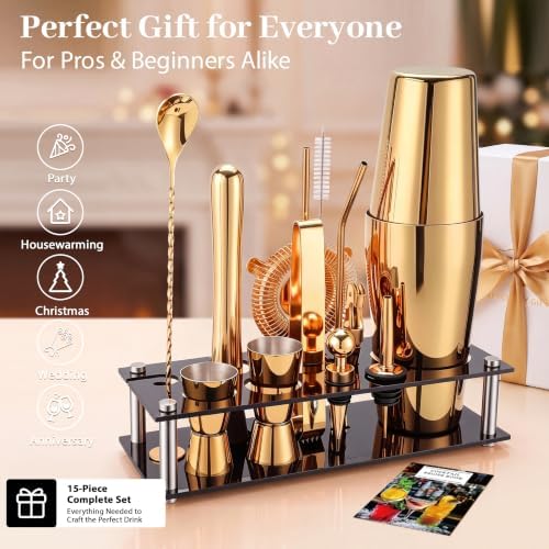 Boston Cocktail Shaker Set, 18 oz & 28 oz 2-Piece Tins, 304 Bartender Kit 15-Piece Bar Tool Set with Acrylic Stand & Recipe Book, for Novices & Pros, Home and Bar Use (Gold)