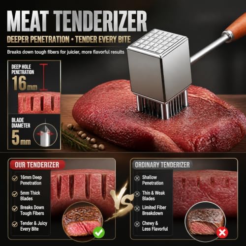2-in-1 Stainless Steel Meat Tenderizer Hammer, Dual Sided Meat Mallet with Removable Needle Design, 0.66LB Heavy Duty Steak Pounder with Non-Slip Rosewood Handle for Beef Pork Chicken
