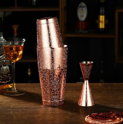 Stainless Steel Boston Shaker with Etched Pattern Weighted Shaking Tin Set (Spirit Copper Plated)