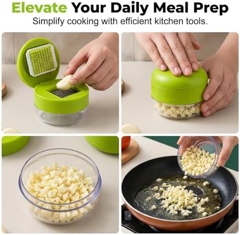 Mini Garlic Chopper & Press with Container, Manual Garlic Mincer Dicer, 3PCS