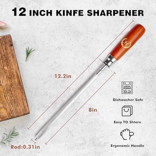 Knife Sharpener Rod, Kitchen Knives Sharpener Carbon Steel Professional Knife Sharpening Steel, Honing Rod with Hanging Holes (13 inches), H