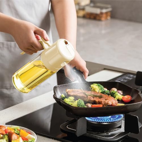 Glad 2 in 1 Oil Dispenser, 18.6oz/550ml - Olive Oil Sprayer for Cooking, Pouring Salad Dressing, and Grilling - Kitchen Gadget with Refillable Glass Bottle, Handle, and Mist or Pour Options - Beige