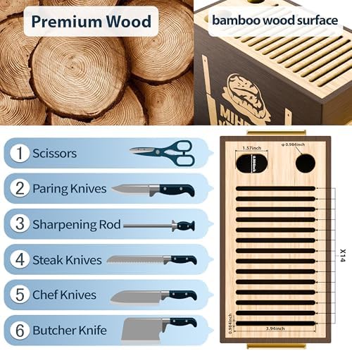 Wood Universal Knife Block with Slots, Wood Knife Holder/Knife Organizer, Unique Knife Storage for Counter Top with Anti-Slip Base (Walnut D)