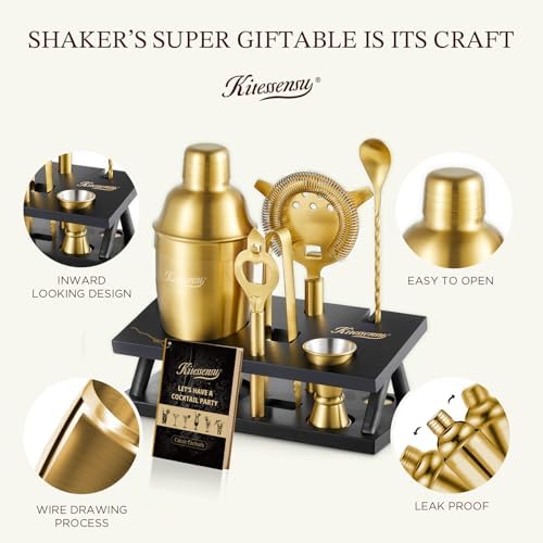 KITESSENSU Cocktail Shaker Set Bartender Kit, 6-Piece Silver Bar Set with Stand, Gold