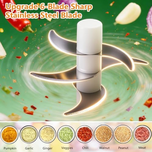 Electric Garlic Chopper, Upgrade 6 Blades, 320ML Wireless Food Processor, Mini Grinder for Kitchen,Mashing Nuts Chili Onion Minced Meat and Spices USB Rechargeable