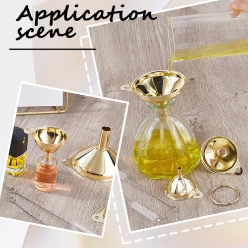 GORGECRAFT 3Pcs Small Metal Funnel Set 2.5x3in 1.9x2.2in 1.5x1.8in Golden Metal Stainless Steel Kitchen Cooking Food Grade Funnels with Cleaning Brushes for Essential Oil Spices Liquid Filling Bottles