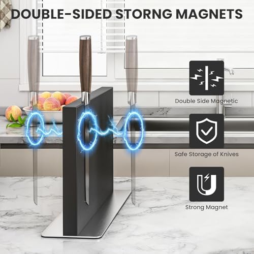THMINS Black Magnetic Knife Holder, Stainless Steel Countertop Knife Block