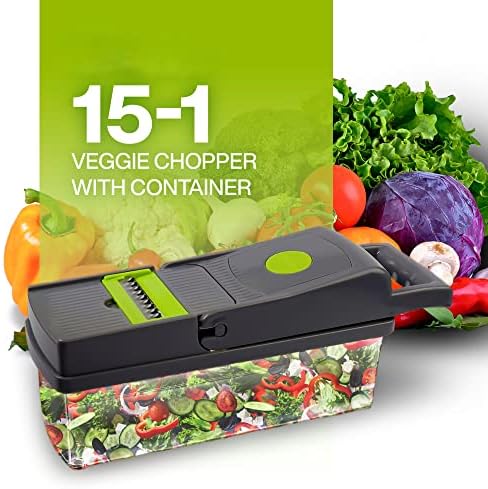Vegetable Chopper 15-1 with Container - 8 Blades Dicer Chopper Cutter & Slicer - Draining Basket, Peeler, Egg separator, and Many More - Vegetable Chopper for Onions, Potatoes, Tomatoes