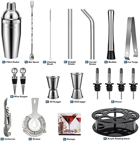 21 Piece Stainless Steel Cocktail Shaker Set Bartender Kit, 25oz Boston Shaker Tool Set with Acrylic Stand and Recipes, Perfect Bar Tools Set for Home or Parties