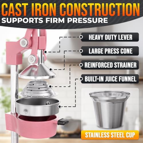 Cast Iron Juicer Hand Press, Heavy-Duty Squeezer (Pink)