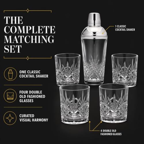 Godinger Martini Shaker Cocktail Shaker with 4 Old Fashioned Whiskey Glasses Barware Set, Dublin Dollection
