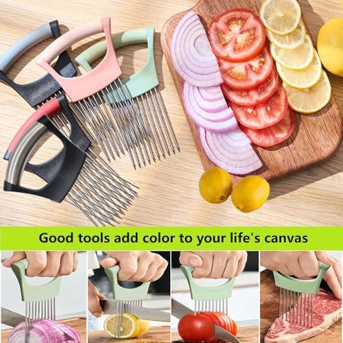 Upgraded Stainless Steel Lemon Slicer Onion Cutter, Onion Holder for Slicing, Vegetable Cutter Kitchen Chopper Slicing Assistant Tool for Potato and Tomato Avocados Eggs Meat (1, Black Red)